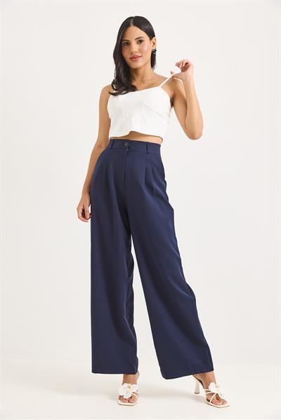 Yüksek Bel Bol Paça Pantalon Lacivert