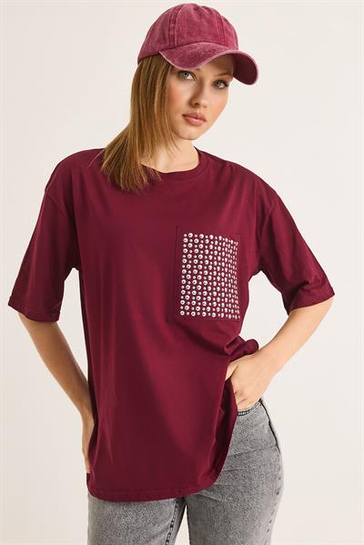 Bisiklet Yaka Taş Detaylı Cepli Tshirt Bordo