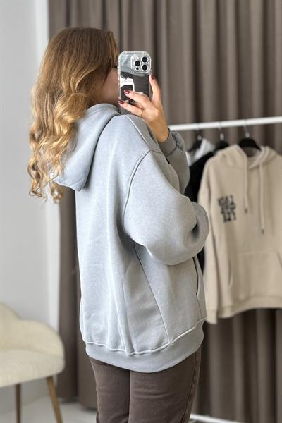 Oversize Kapüşonlu KangurU  Cepli Sweatshirt Füme