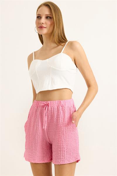 Gofre Kumaş Bel Lastikli Kadın Şort Pembe
