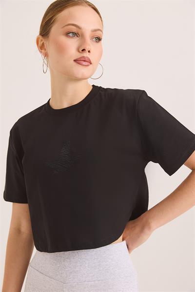 Karikatür Kuş Kabartma Baskılı Örme Crop Tshirt Siyah
