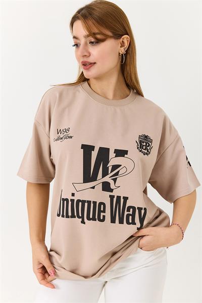 Bisiklet Yaka Baskılı Tshirt Açık Kahve
