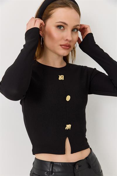 Kadın Yırtmaçlı Düğmeli Kaşkorse Uzun Kollu Bluz Siyah
