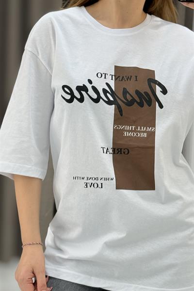 Kadın Yazı Baskılı Bisiklet Yaka Tshirt Beyaz