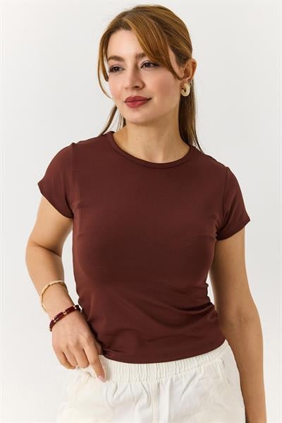 Kadın Basic Bisiklet Yaka Düz Tshirt Kahverengi
