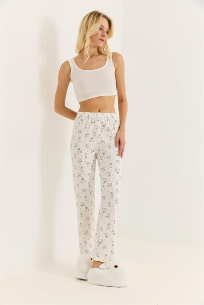 Kadın Renkli Tavşan Baskılı İnterlok Pamuk Pijama Altı Beyaz