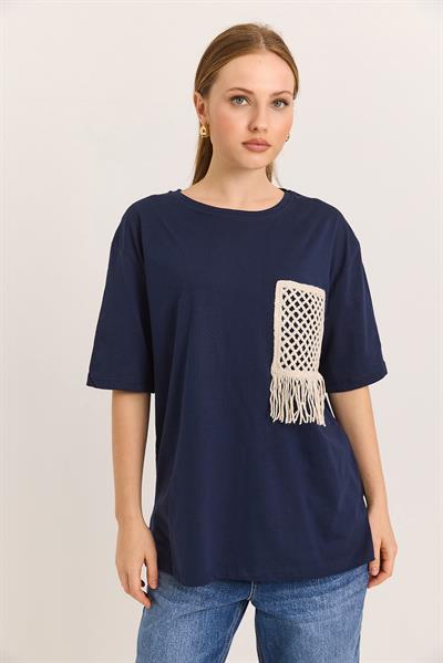 Hasır Cepli Yumuşak Dokulu Fit Tshirt Lacivert