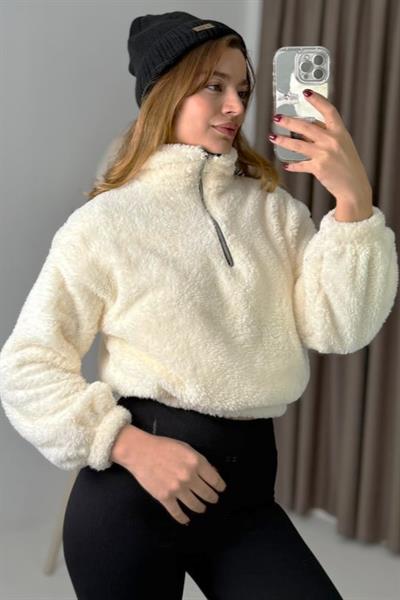 Kadın Yarım Fermuarlı Altı Büzgülü Krem Sweatshirt