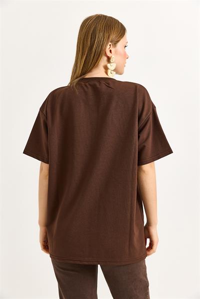 1984 Baskılı Oversize Tshirt Kahverengi