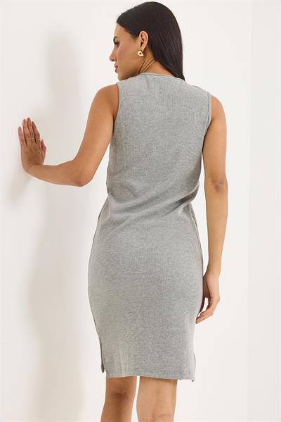 Sıfır Kol Kaşkorse Yırtmaçlı Midi Elbise Gri