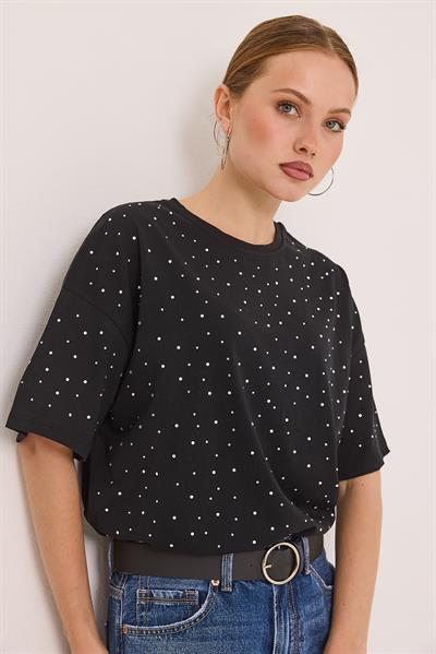 Taş Detaylı Rahat Kalıp Premium Pamuk Tshirt	Siyah