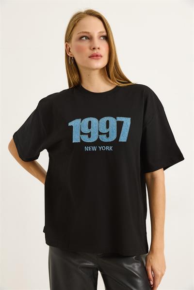 Baskılı Oversize Bisiklet Yaka Tshirt Siyah