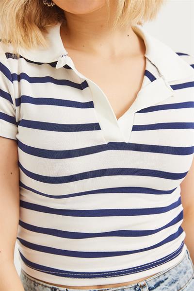 Polo Yaka Çizgili Crop Bluz Lacivert