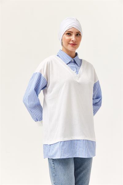 Gömlek Garnili Manşetli Mavi