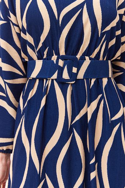 Kemerli Yarasa Kol Kemerli Elbise Lacivert