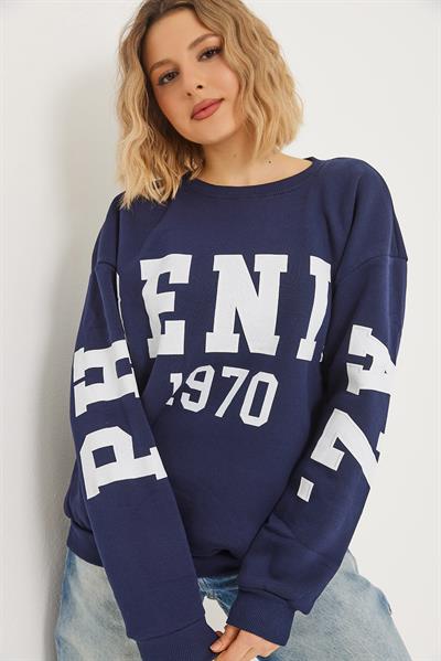Üç İplik Baskılı Kapüşonlu Sweatshirt Lacivert