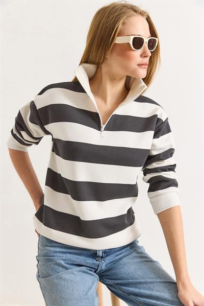 Kadın Antrasit Balıkçı Yaka Çizgili Üç İplik İçi Şardonlu Kışlık Sweatshırt