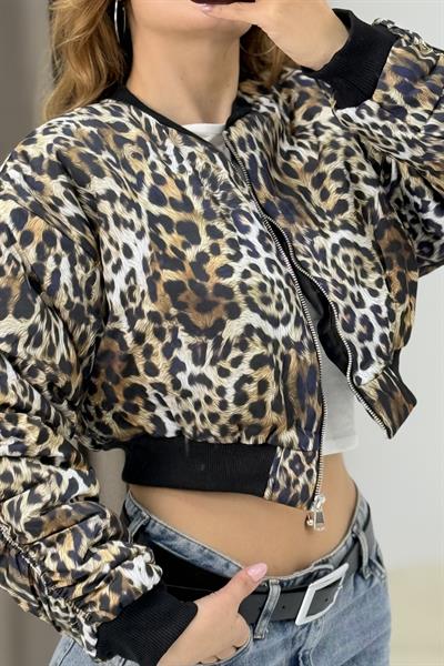 Leopar Desen Crop Şişme Mont