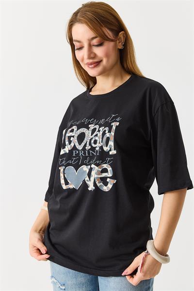 Kadın  Bisiklet Yaka Rahat Kesim Kısa Kol Tshirt Siyah