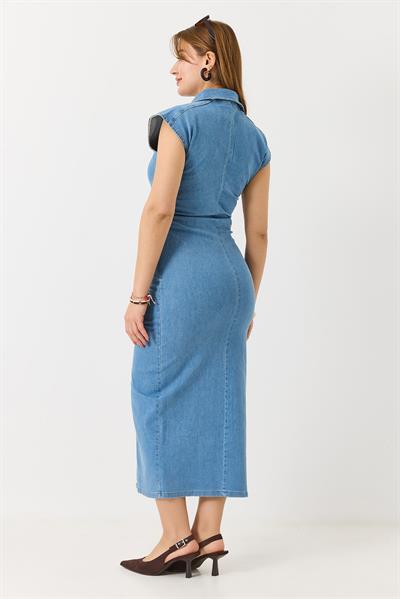Kadın Drape Detaylı Likralı Midi Boy Denim Elbise Açık Mavi