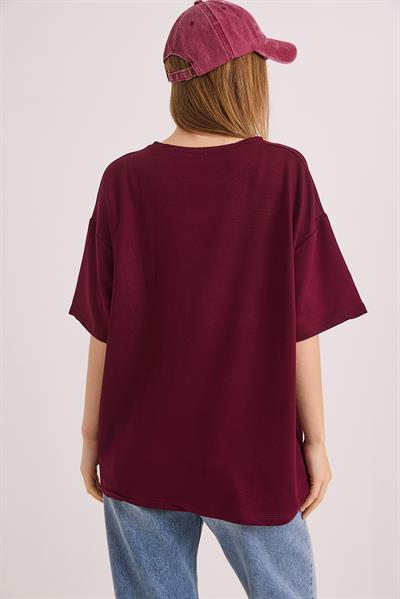 Oversize Yumuşak Dokulu Salaş T-Shirt Bordo