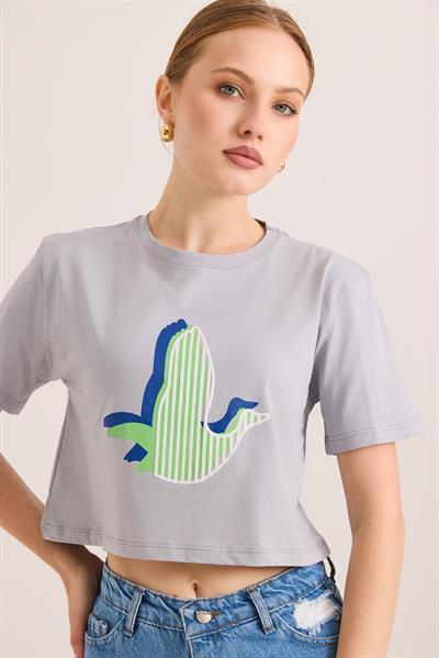 Karikatür Kuş Baskılı Pamuk Örme Crop Tshirt Gri
