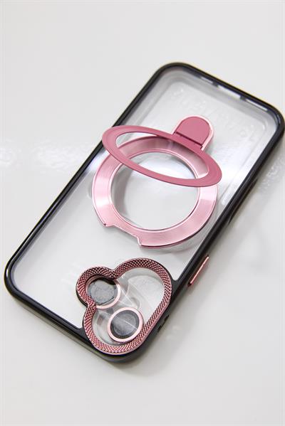 İphone 16 Plus Uyumlu Stand Tutucu Halka Şeffaf Telefon Kılıfı Pembe