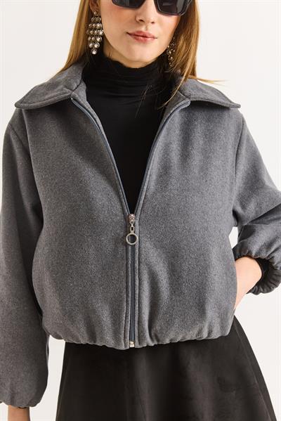 Gri Fermuarlı Cepli Polo Yaka Kaşe Bomber Mont