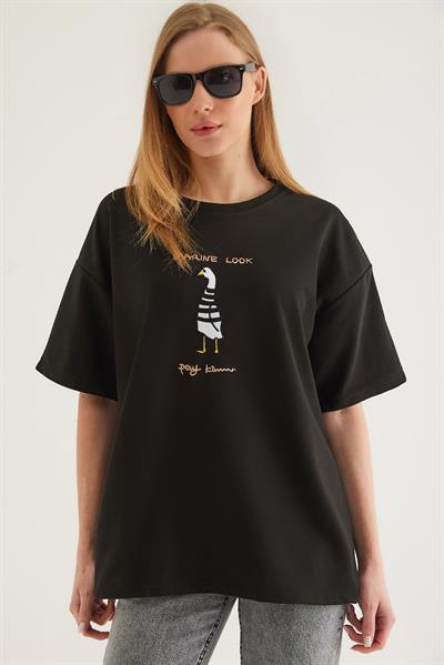 Bisiklet Yaka Oversize Baskılı Tshirt Siyah