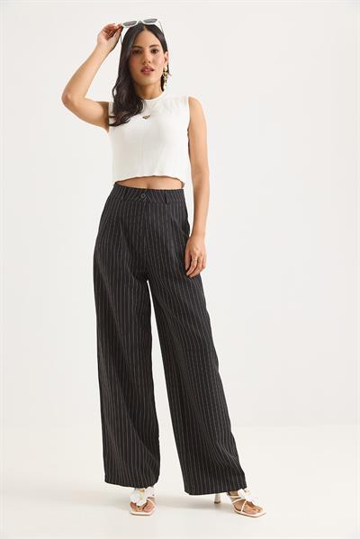 Çizgi Desenli Bol Paça Yüksel Bel Pantolon Siyah