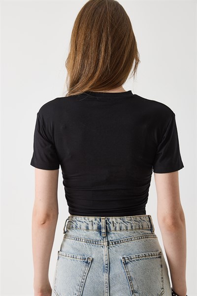 Kadın Bisiklet Yaka Penye Crop Bluz Siyah