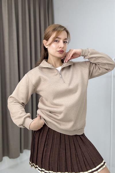 Kadın Bej Yarım Fermuarlı Üç İplik Sweat 