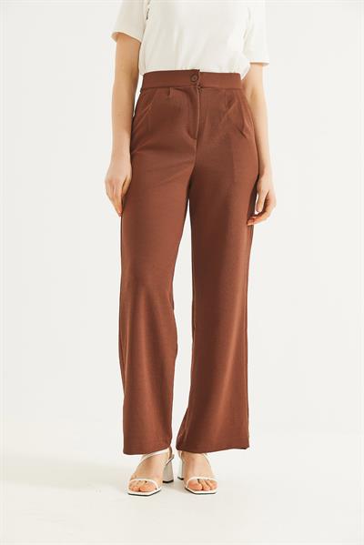 Yüksek Bel Cepli Palazzo Pantolon Kahverengi