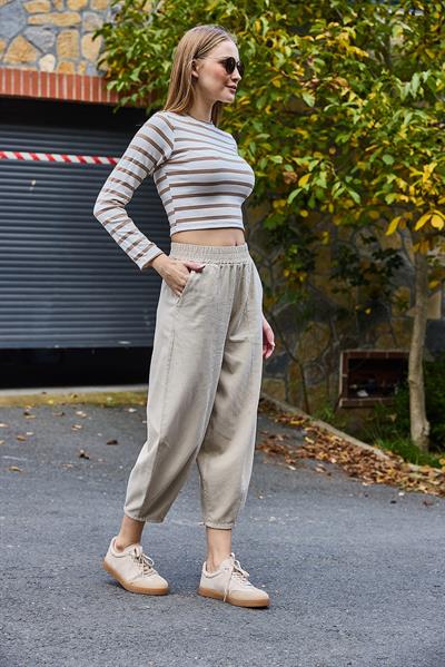 Kadın Beli Lastikli Gabardin Bej Şalvar Pantolon