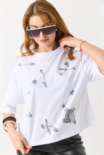 Kadın Ataş Baskılı Kısa Kollu Tshirt Beyaz