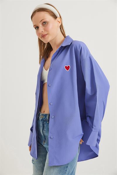 Kalp Nakışlı  Oversize Basic Gömlek Mor