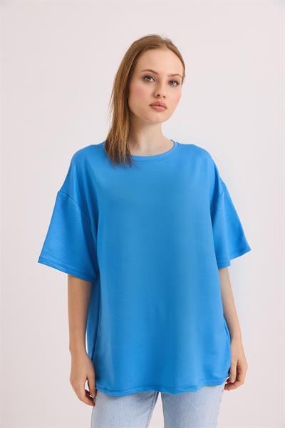 Oversize Yumuşak Dokulu Salaş T-Shirt Mavi