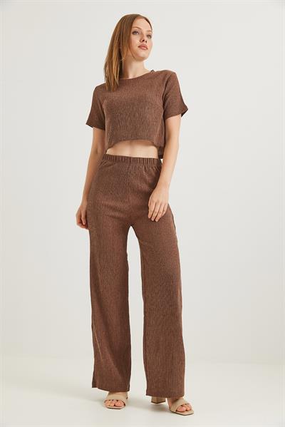 Bürümcük Kumaş İkili Crop Takım Kahverengi