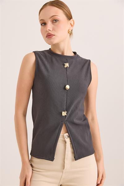 Bisiklet Yaka Gold Düğmeli Ottoman Fitilli Bluz Füme