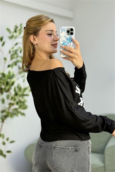 Kayık Yaka Viskon London Baskılı  Uzun Kollu Tshirt Siyah