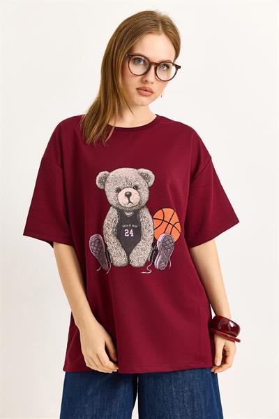 Ayıcık Baskılı Bisiklet Yaka Tshirt  Bordo