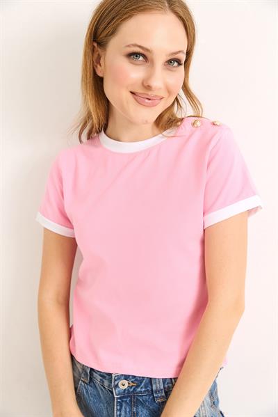 Bisiklet Yaka Kısa Kol Tshirt Pembe