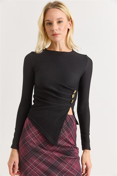 Yanları Tokalı ve Yırtmaçlı Uzun Kollu Bluz Siyah