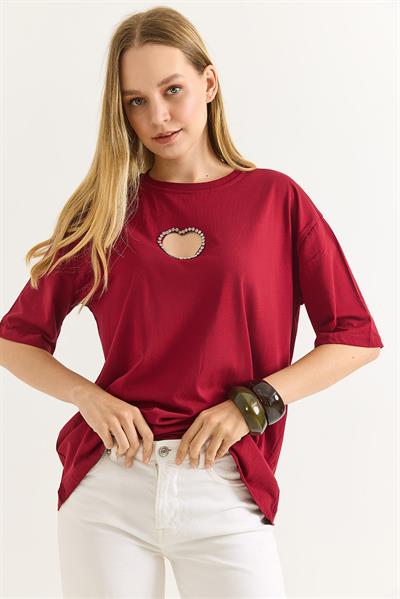 Kalp Dekolteli Bisiklet Yaka Tshirt Bordo