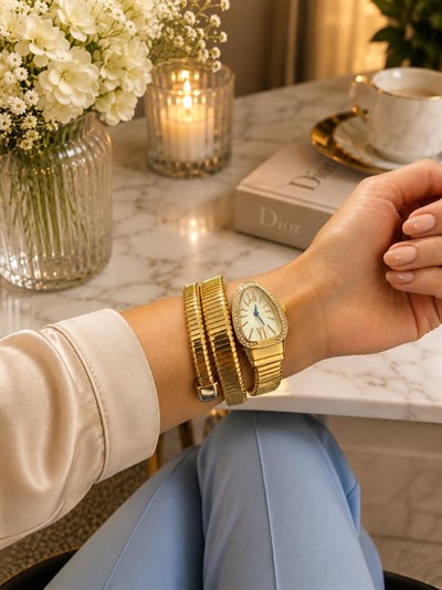Zirkon Taşlı Yılan Model Kol Saati Gold