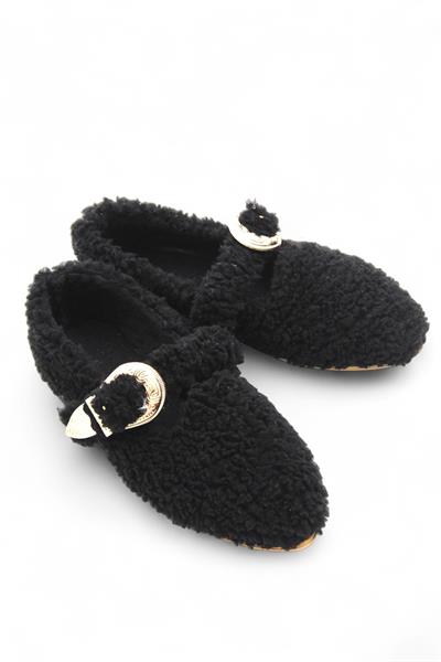 Kadın Peluş Tokalı Siyah Ev Ayakkabısı