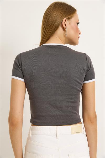 Bisiklet Yaka Nakışlı Crop Tshirt Füme