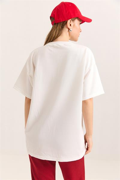Nakış Detaylı Oversize Örme İki İp Tshirt Beyaz