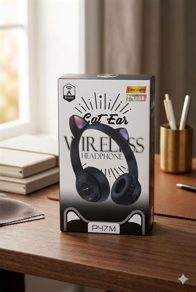 Kedi Kulağı Rengarenk Işıklı  Bluetooth Kulaklık Siyah