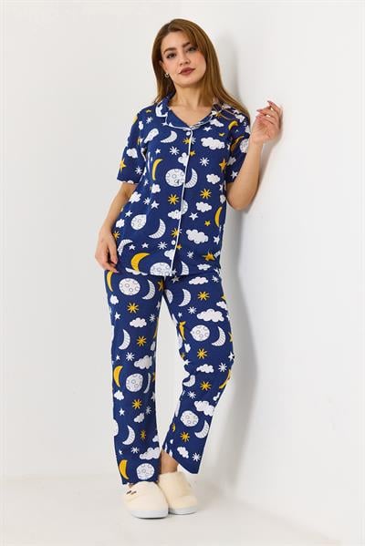 Kadın Bulut Baskılı Pijama Takımı Lacivert